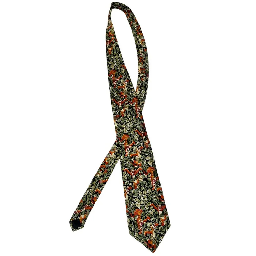 Vintage Disney World Mens Tigger in Jungle Leaves Green Orange Silk Pointed Tie - Picture 1 of 11